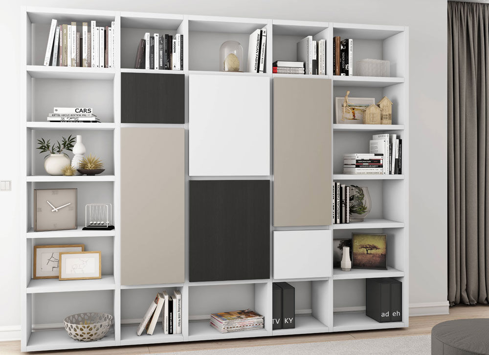 Toro Bücherregal mit Türen weiß Lack / Front multi | Möbelmeile24